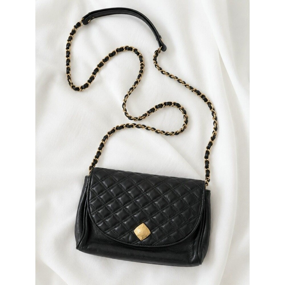Monet Vintage Quilted Black Leather Woven Chain Shoulder Bag Gold Logo Dust Bag